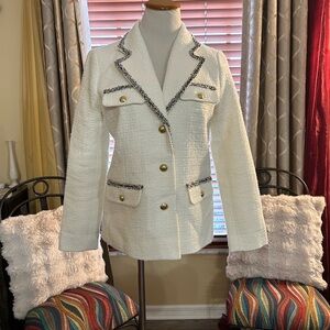 Talbots White Tweed Blazer with Black Trim and Gold Buttons